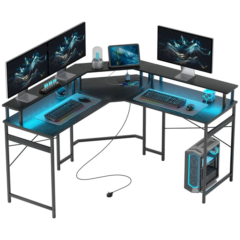 L-Shaped Black Work Desk with LED Lights - Modern Home Office Furniture for Efficient Workspace Organization