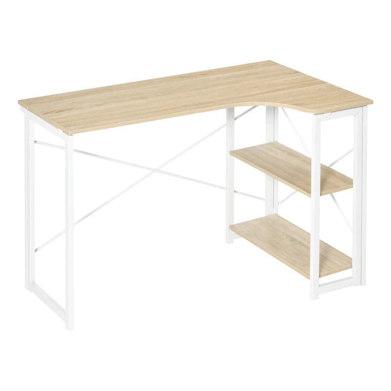 L Shaped Folding Desk with 2-Tier Storage Shelf - Corner Computer Desk for Home Office, Easy Assembly, Oak Tone, 120x72.5cm
