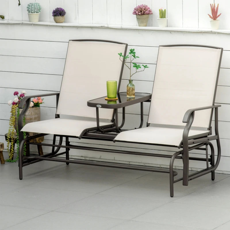 Brown/Khaki 2-Seater Metal Garden Glider Loveseat with Glass Top Table