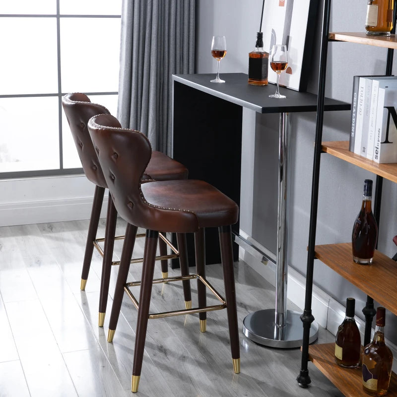 Set of 2 Brown PU Leather Bar Stools with Back and Footrest, Stylish Wood Legs for Kitchen and Breakfast Bar