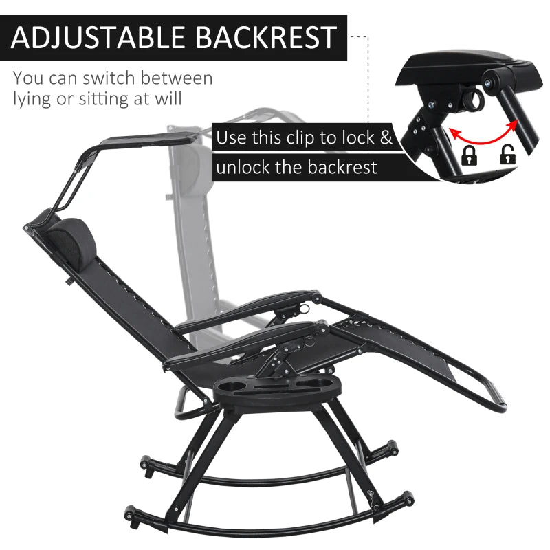 Black Folding Rocking Sun Lounger with Headrest & Side Holder