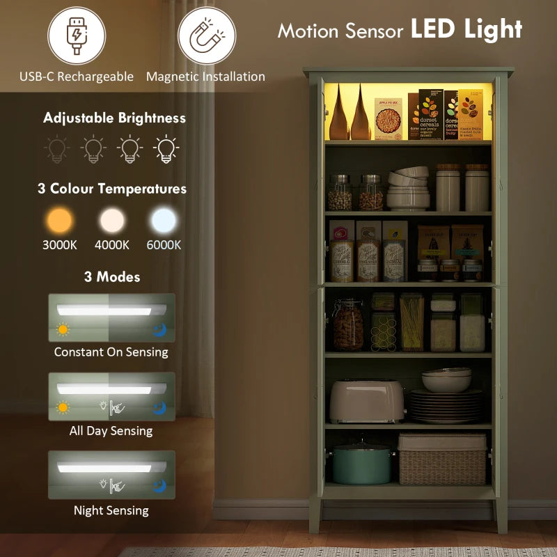 Tall Green Pantry Cupboard with Motion Sensor LED Light for Kitchen Storage