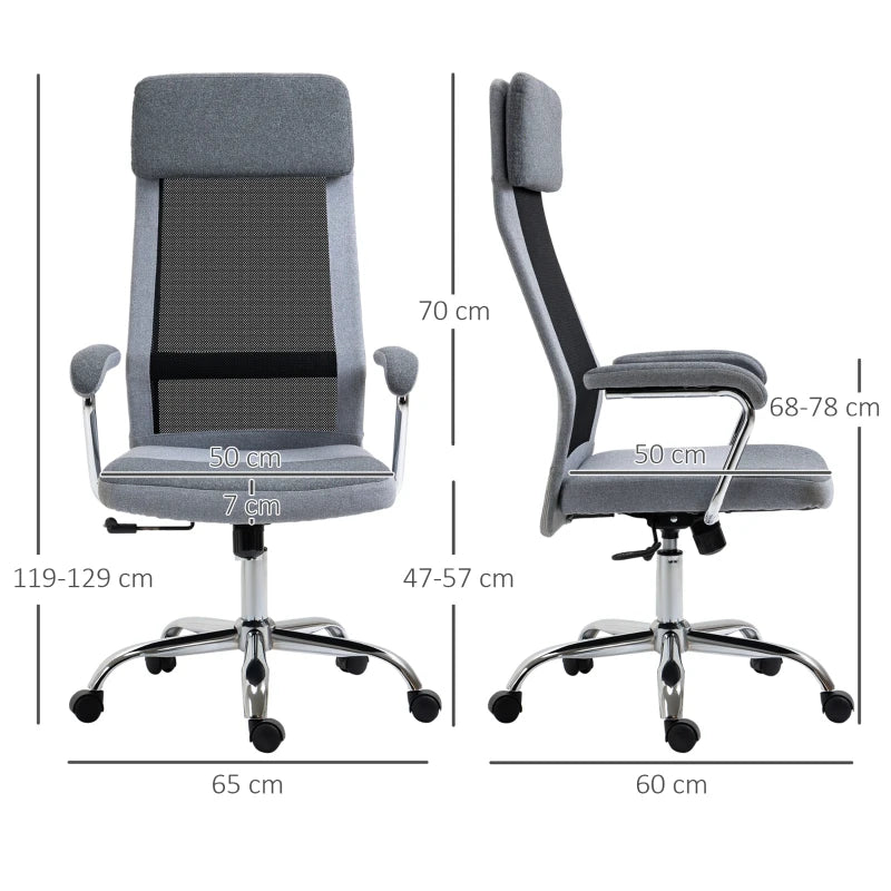 Vinsetto Ergonomic Office Chair - High Back Desk Chair with Adjustable Height, Swivel Wheels, Mesh Back & Linen-Feel Seat, Grey
