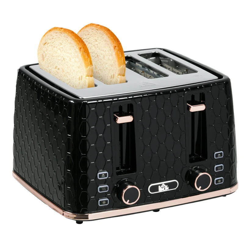 4 Slice Toaster with 7 Browning Levels, High Lift, Auto Off, Black Honeycomb Texture - Perfect for Even Toasting