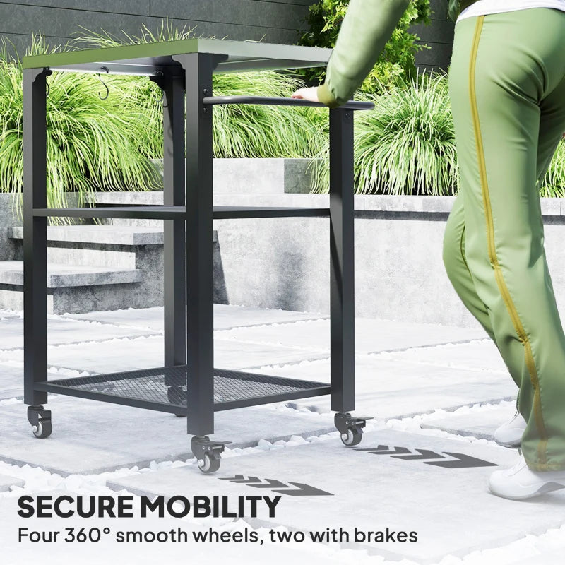 Three-Shelf Outdoor Grill Cart with Stainless Steel Top & Wheels - Movable BBQ Kitchen Island with Hooks, 65.5x41x79 cm