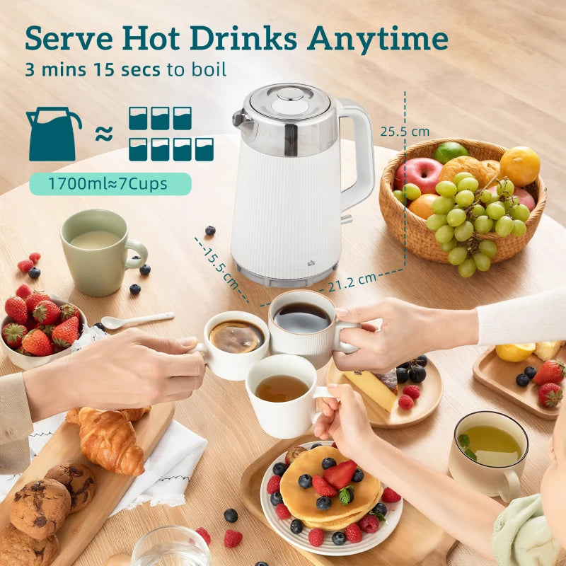 Electric Stainless Steel Kettle & Toaster Set - 3000W Fast Boil 1.7L Kettle with Strix Thermostat & 4 Slice Toaster, White