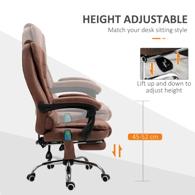 Vinsetto Heated Massage Office Chair - 6 Vibration Points, Ergonomic High Back, Adjustable Recliner with Footrest - Brown