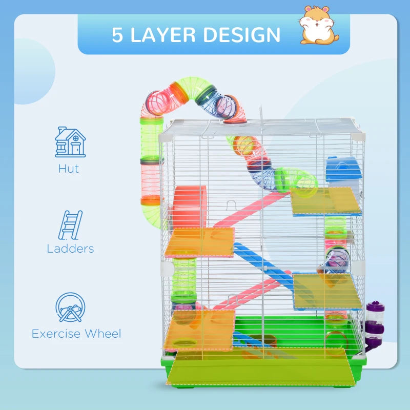 5-Tier Hamster Cage Carrier Habitat with Exercise Wheels & Tunnel - Green, Ideal for Active Small Pets
