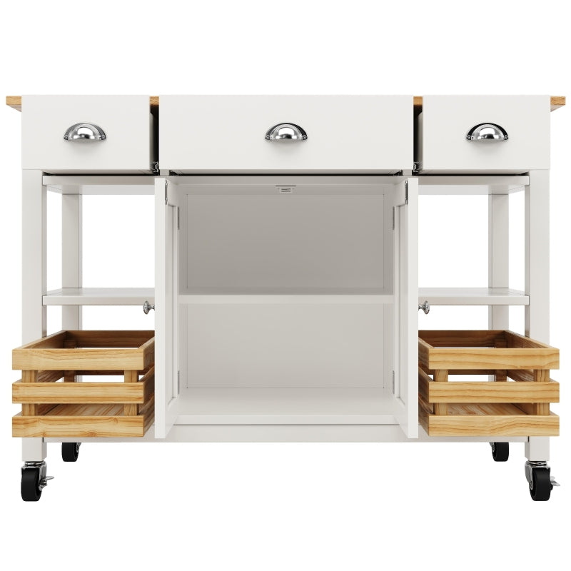 Rolling Kitchen Island Trolley with Adjustable Shelf, 3 Drawers, Spice Rack & Folding Side Board - White, 120x45x90 cm