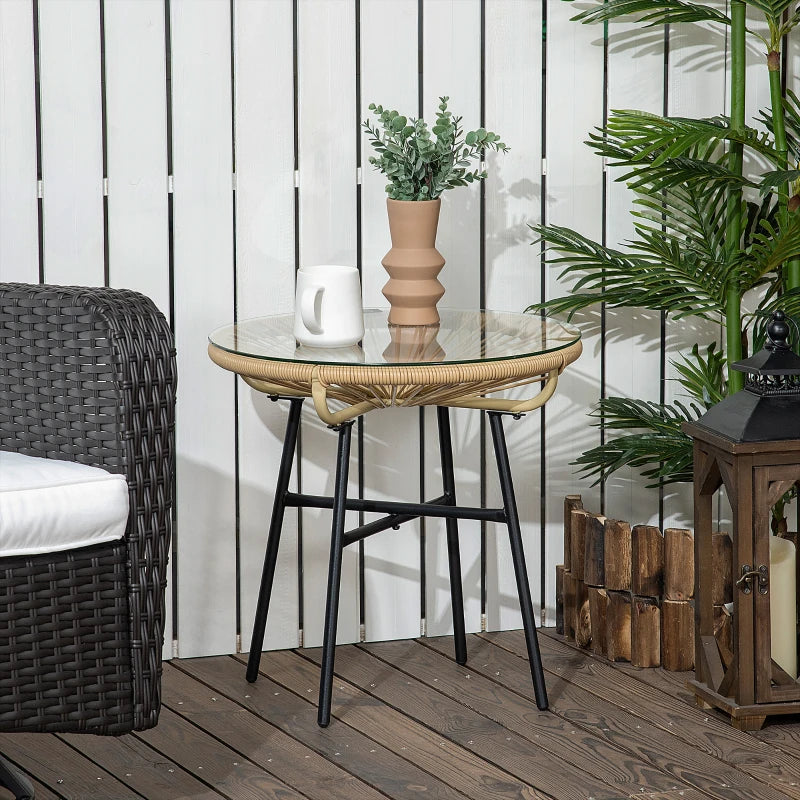 Black Rattan Outdoor Side Table with Glass Top