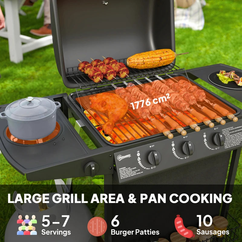 3+1 Burner Portable Gas BBQ Grill with Thermometer, Side Table, Wheels for Outdoor Cooking
