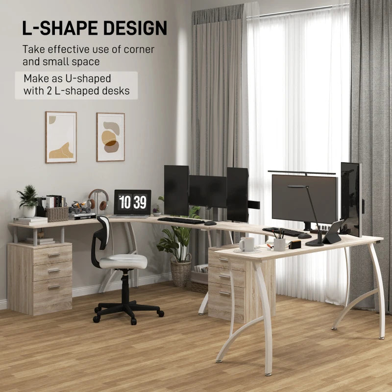 L-Shaped Computer Desk with Storage Drawer - Industrial Home Office Corner Workstation for A4 Files, Oak Finish, 143.5cm