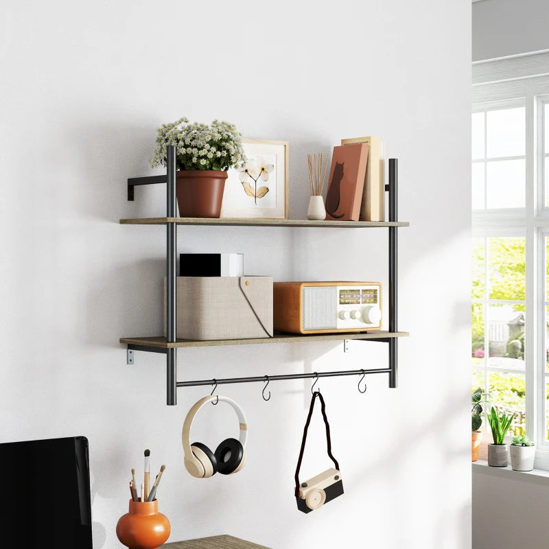 Rustic Wall Mounted Floating Shelves with 4 Hooks - Stylish Grey Shelf Unit for Living Room & Entryway Decor