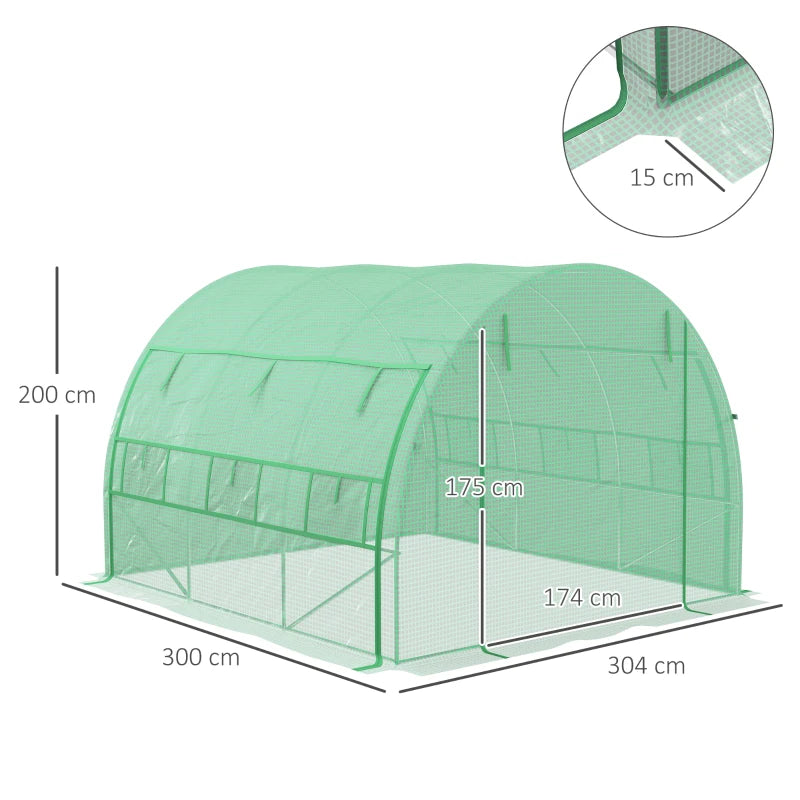 Green Walk-in Polytunnel Greenhouse with Roll-up Sidewalls, Zipped Door, 6 Windows - 3x3x2m