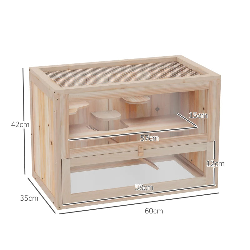 Natural Wooden Hamster Cage for Mice & Small Rodents - 60x35x42cm Exercise Play House Hutch