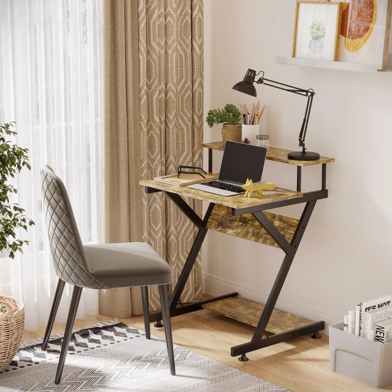 Industrial Computer Desk with Monitor Stand - 70x60cm Compact Home Office Desk for Small Spaces - Rustic Brown Finish