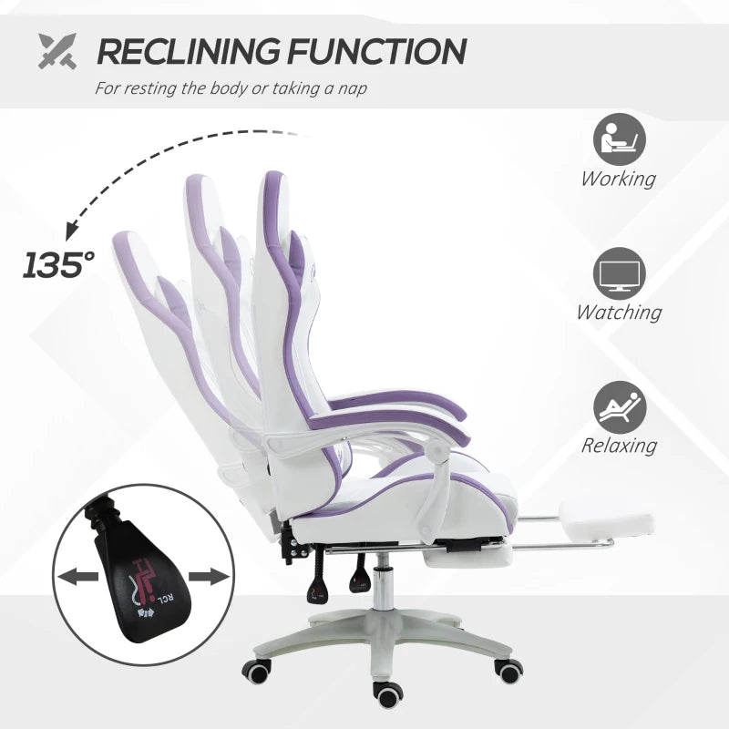 Vinsetto White and Purple Gaming Chair - PU Leather Office Desk Chair with Footrest, 135° Recline, Lumbar Support & Headrest