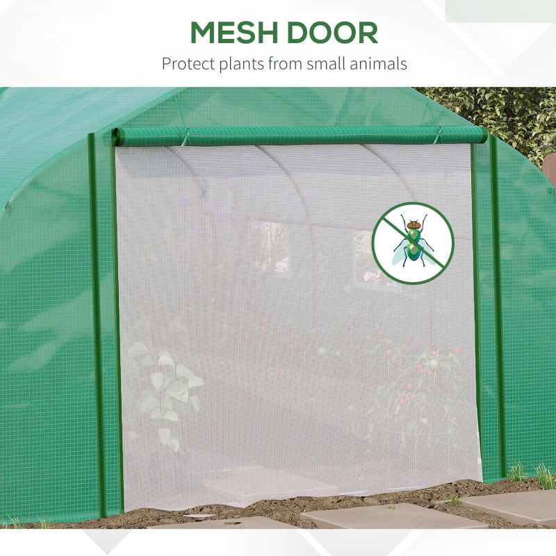 Green Walk-in Garden Greenhouse with Mesh Door, PE Cover, 6 Windows - 3.5 x 3 x 2m