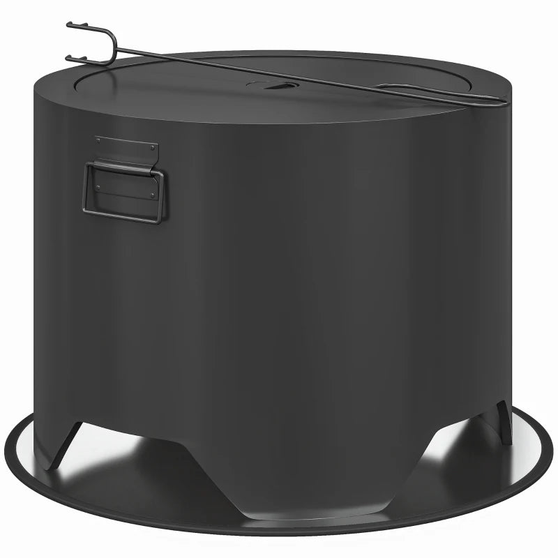 Outdoor Round Fire Pit with Lid & Poker - Durable Black Steel Design for Backyard Patio Heating & Ambiance