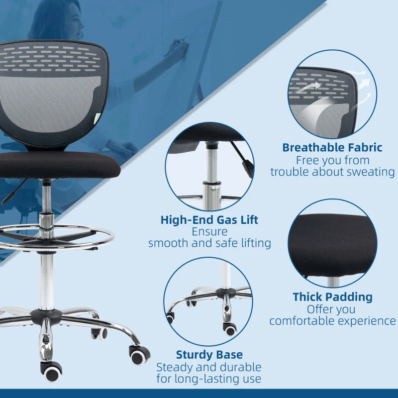Vinsetto Grey Drafting Chair - Swivel Mesh Office Chair with Adjustable Foot Ring, Armless Design for Standing Desks