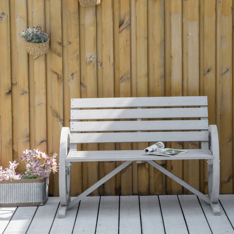 Grey Wooden Garden Bench with Wagon Wheel Design