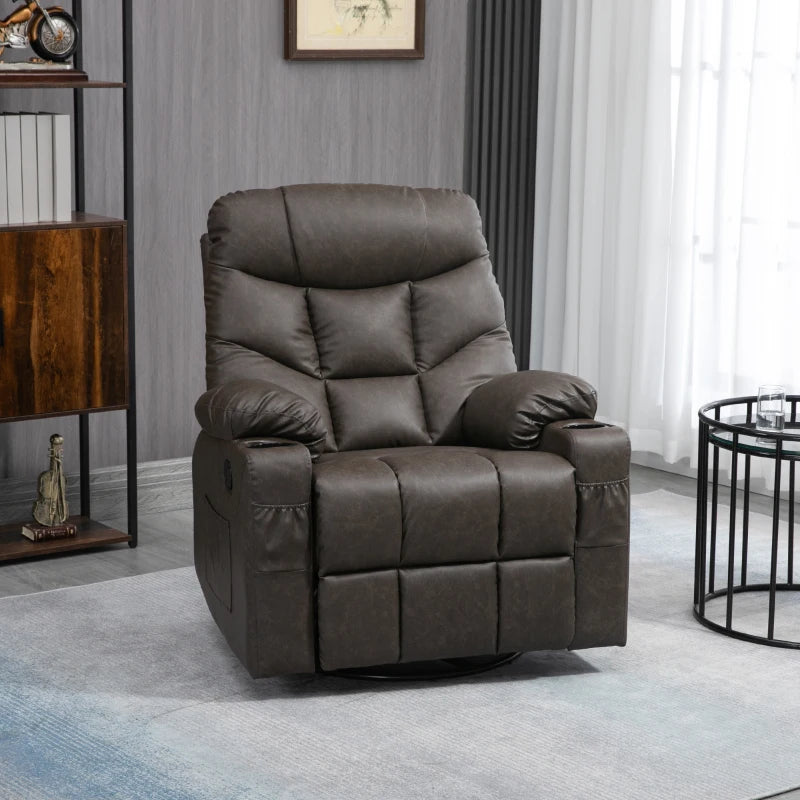 Manual Reclining Armchair with Faux Leather, Footrest and Cup Holders - Brown, 86x93x102cm