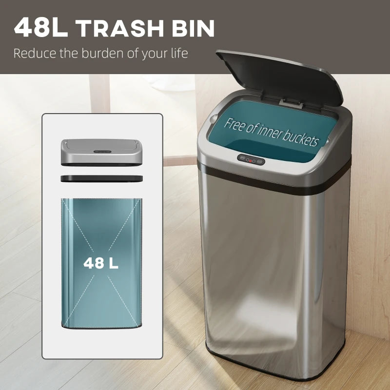 48L Stainless Steel Touchless Sensor Trash Bin Silver Tone