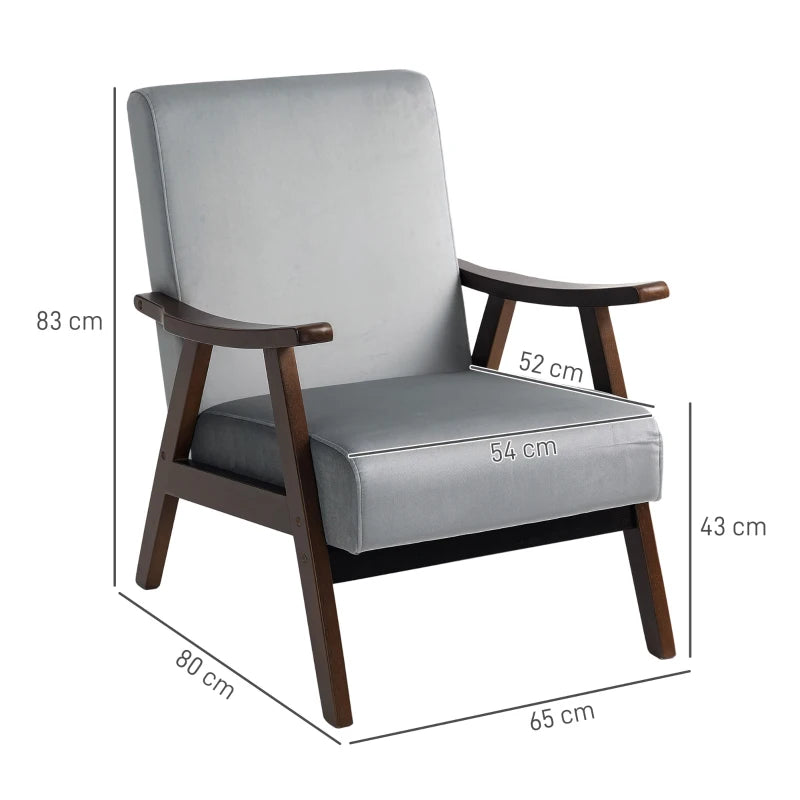 Nordic Accent Chair - Upholstered Velvet Armchair with Solid Wood Frame & Thick Padding for Living Room/Bedroom - Grey