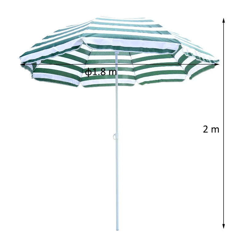 Green & White Striped 1.8m Tilt Beach Umbrella with 8 Ribs