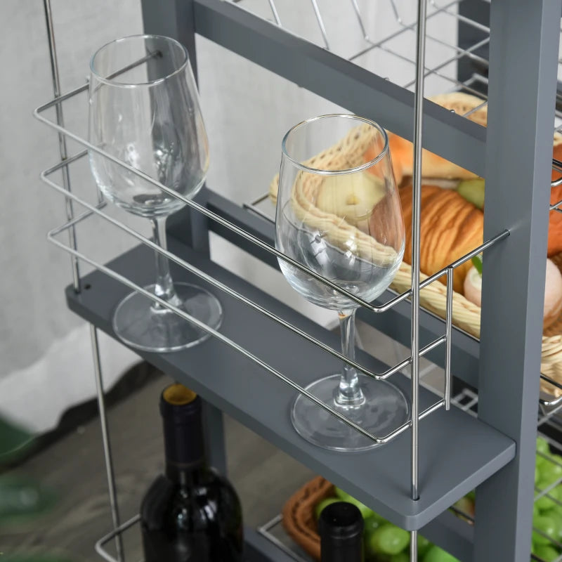Rolling Kitchen Cart with 4 Basket Drawers & Side Racks - Utility Storage on Wheels for Dining Room - Grey