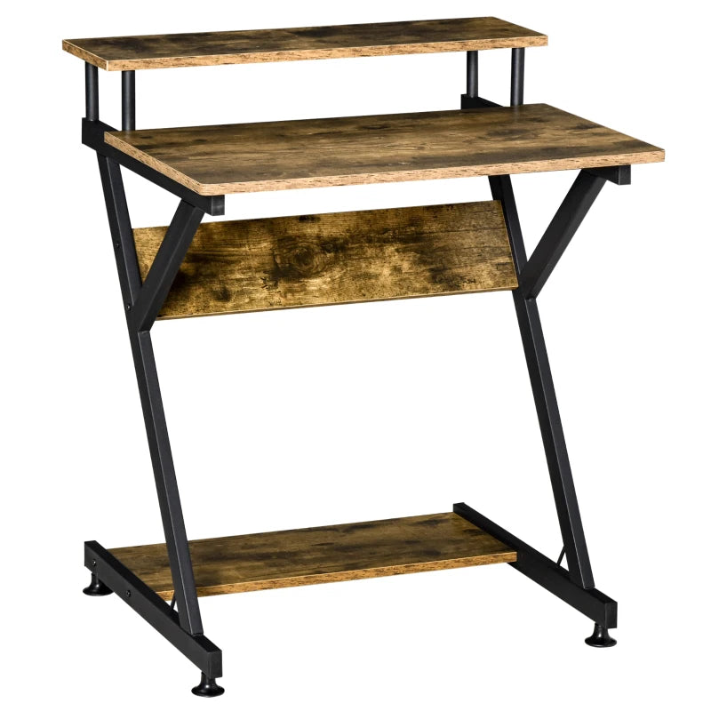 Industrial Computer Desk with Monitor Stand - 70x60cm Compact Home Office Desk for Small Spaces - Rustic Brown Finish