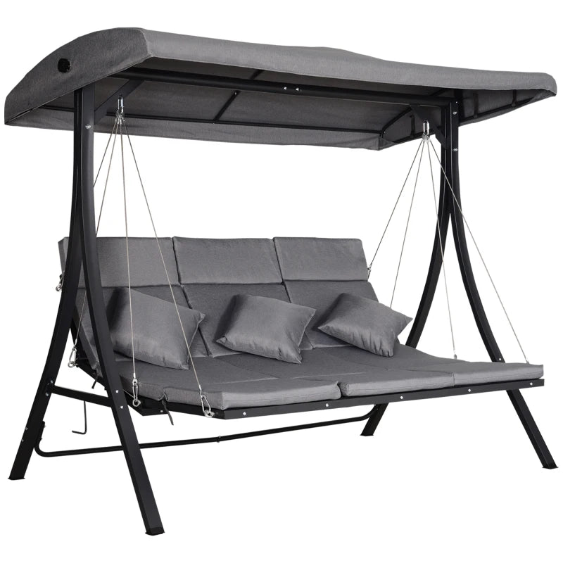 Grey Padded 3-Seater Outdoor Swing Hammock with Canopy