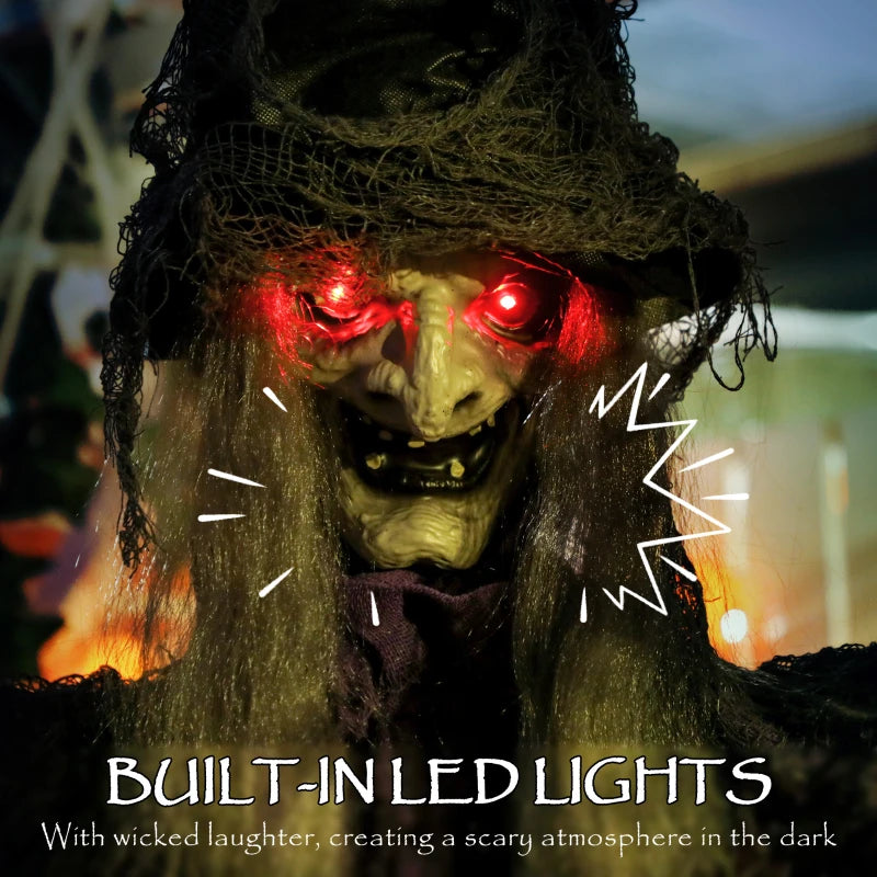 183 cm Life Size Animated Hanging Witch with Glowing LED Eyes - Spooky Halloween Decoration, Battery Operated Indoor Party Prop