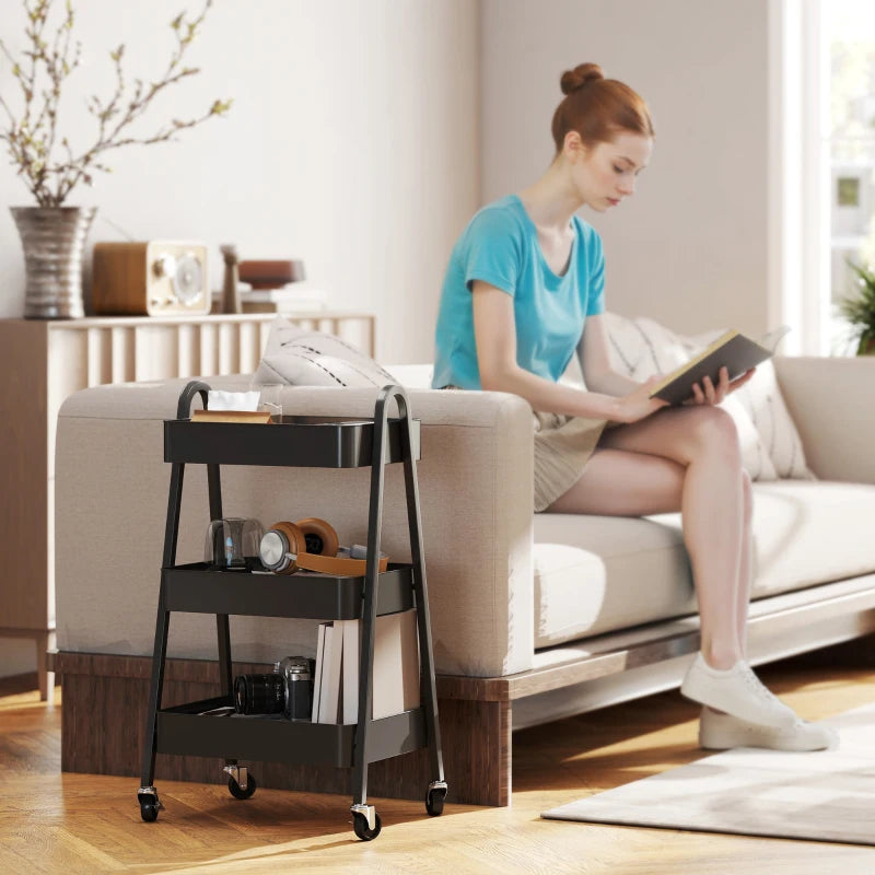 Versatile Three-Tier Black Storage Trolley - Stylish Organizer Cart for Home, Office, Kitchen & Bathroom