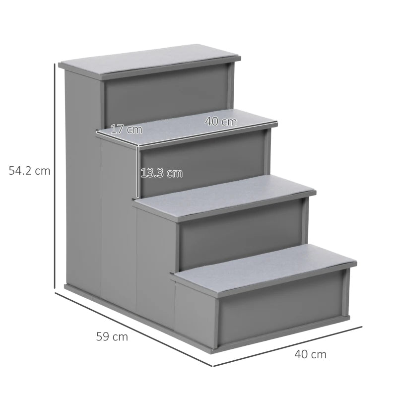 4 Step Wooden Dog Stairs - Non-Slip Pet Ladder for Bed & Couch, Grey, 40x59x54.2 cm - Ideal for Dogs & Cats