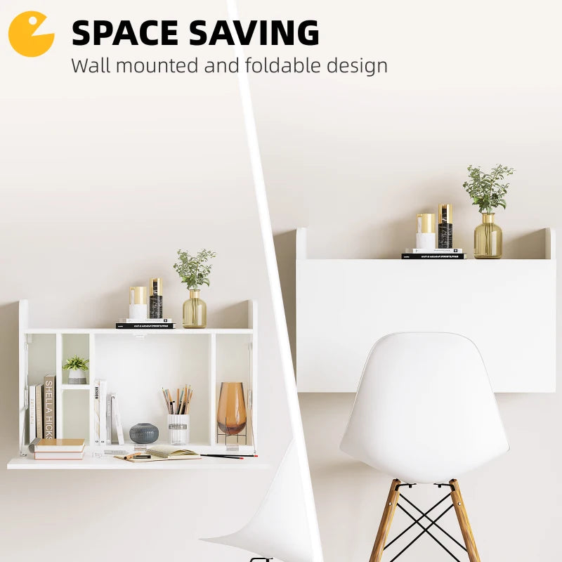 Wall Mounted Drop Leaf Laptop Desk with Storage - Space Saving Home Office Table, 77cm x 20cm x 51cm, White
