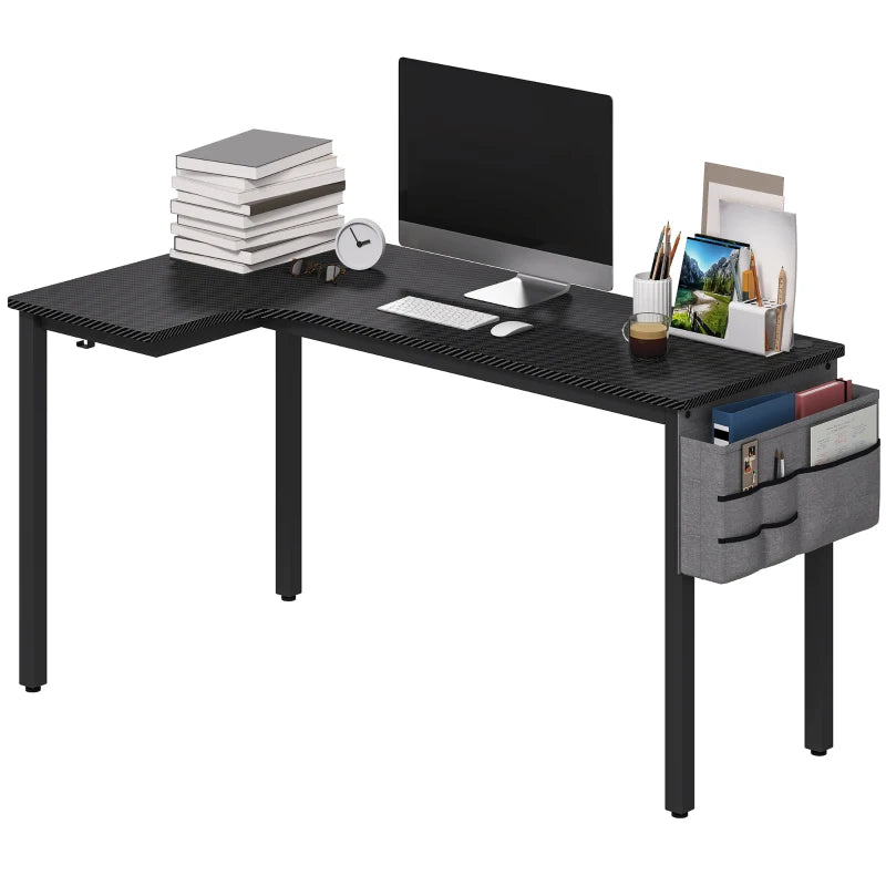 L-Shaped Gaming Desk with Fabric Bag, Hooks & Cable Management - 145x81x76cm - Stylish Black Computer Desk