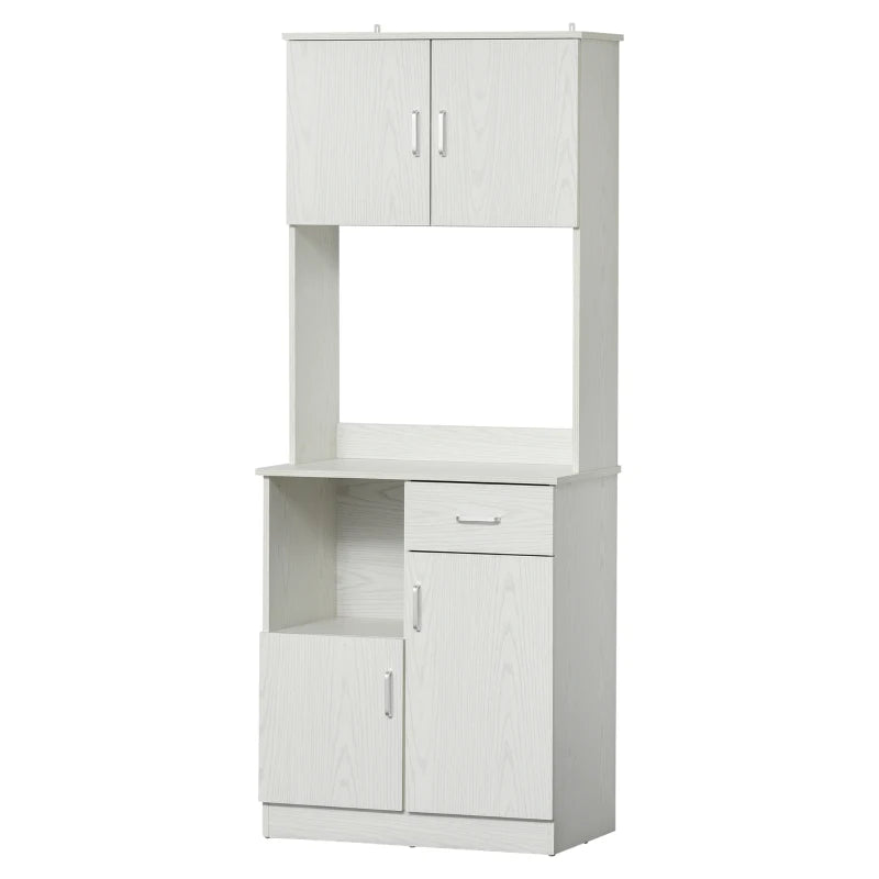 Tall White Kitchen Cupboard with Doors, Shelves, Drawer & Open Countertop - Versatile Storage Cabinet for Living & Dining Rooms