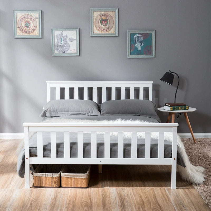 Double Wooden Bed Frame 4ft6 - Eco-Friendly Pine Wood, No Box Spring Needed, Stylish Bedroom Furniture, 198x141x82 cm, White
