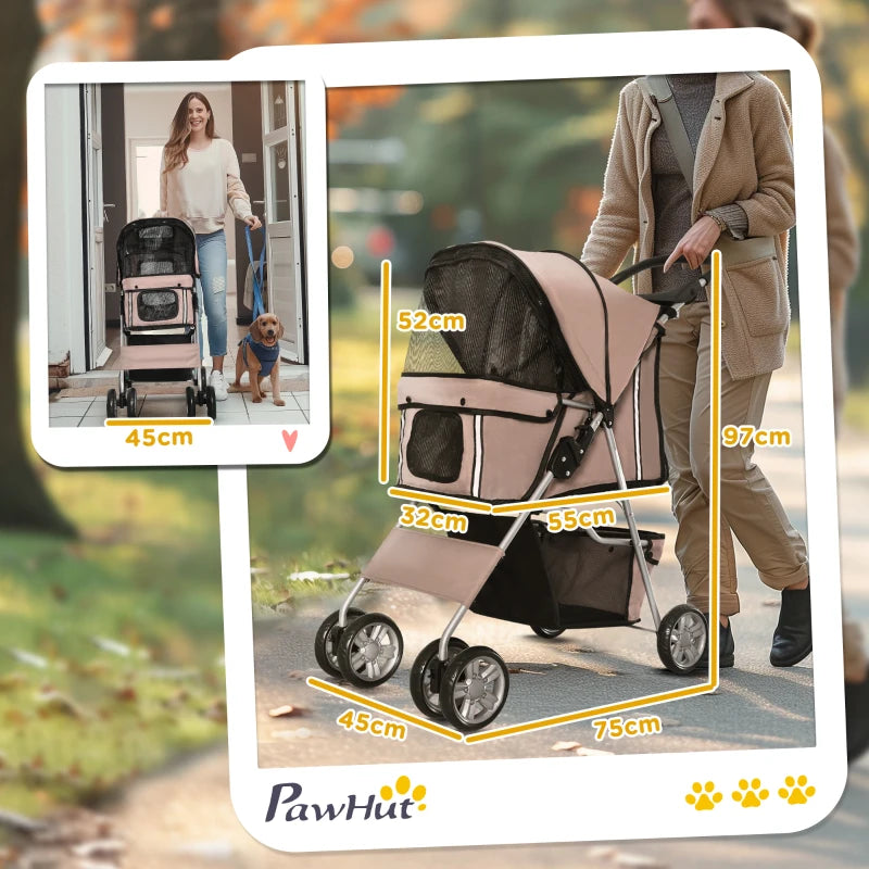 Foldable Pet Stroller for Small Dogs & Cats - Travel Carriage with Wheels, Zipper Entry, Cup Holder & Storage Basket - Brown