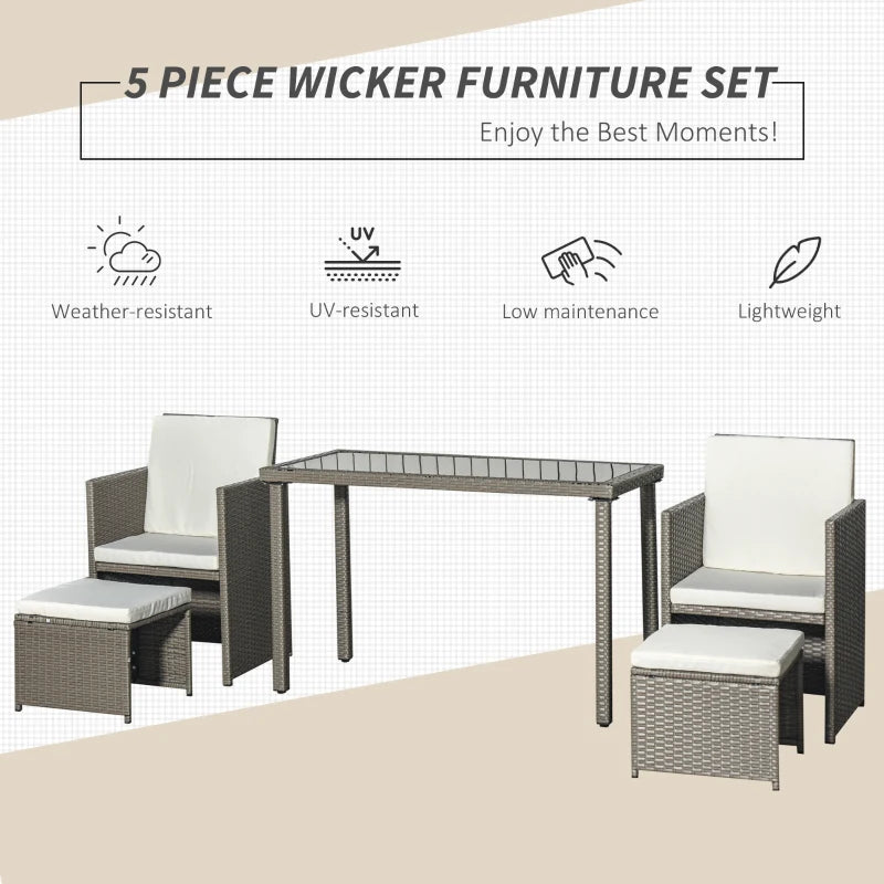 5-Piece Grey Rattan Dining Set with Cushion and Glass Table