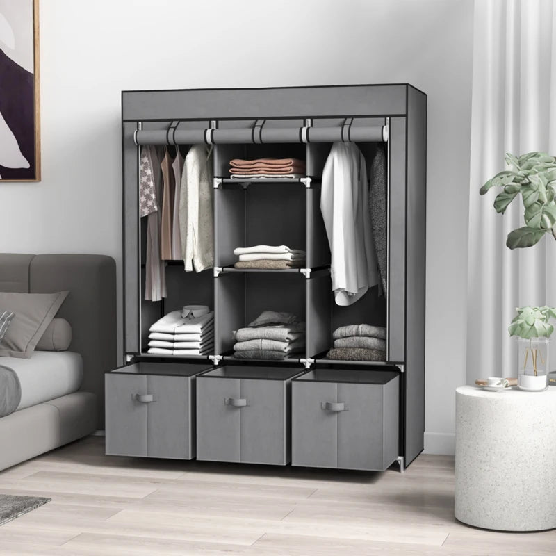 Portable Fabric Wardrobe with Shelves and Hanging Rails for Bedroom Storage Solutions