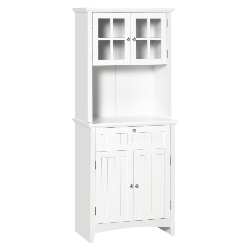 Stylish White Wooden Kitchen Cupboard with Glass Door, Drawer & Microwave Space - Perfect Storage Cabinet for Dining & Living Room