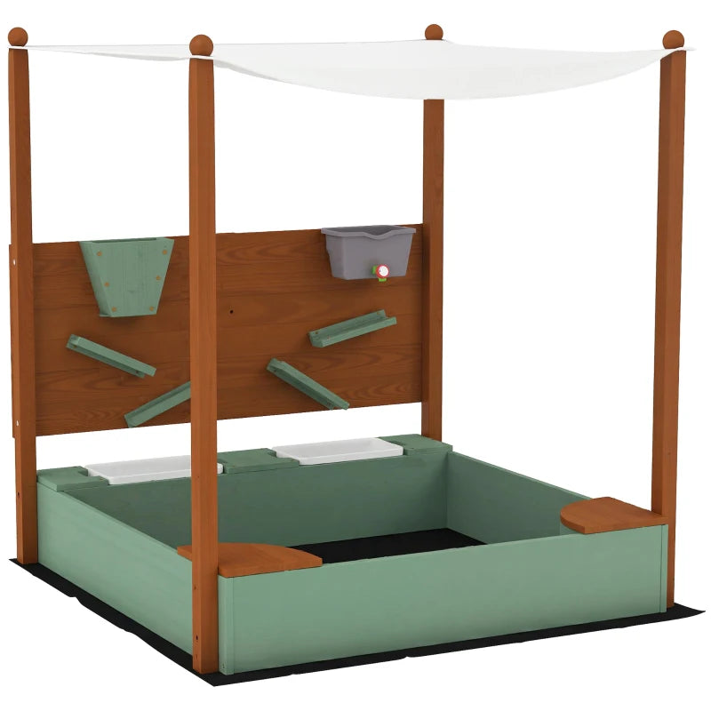 Wooden Sandpit with Canopy and Storage Bins for Kids Outdoor Play 116x112.5x128 cm Green