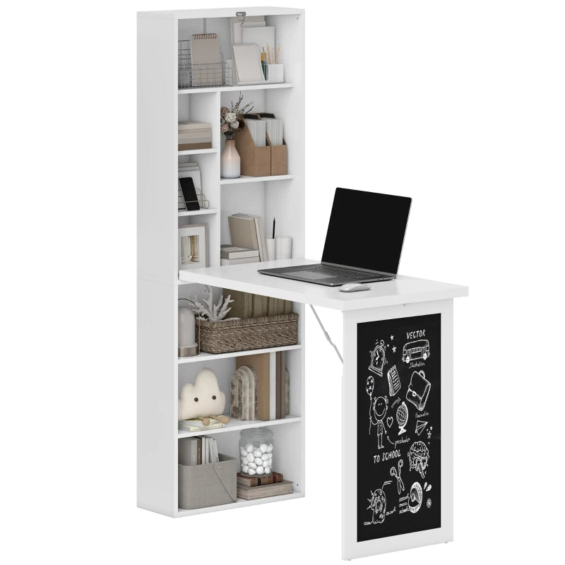 Wall Mounted Folding Computer Desk with Black Board and Bookshelf Multifunctional Floating Writing Table for Home Office White