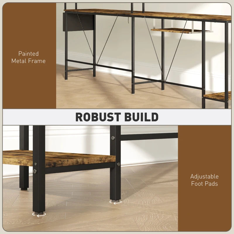 240cm Reversible L Shaped Desk with Power Outlet & Storage Shelves - Industrial Corner Computer Desk for 2 Person, Rustic Brown