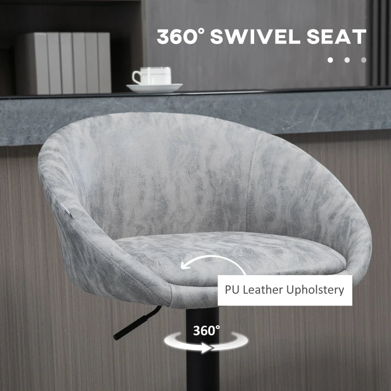 Modern Height Adjustable Bar Stools Set of 2 - Swivel PU Leather Chairs with Backrest, Armrests & Footrest - Light Grey
