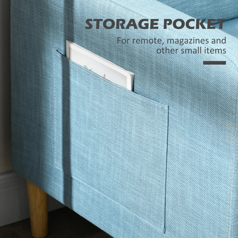 Modern Two-Seater Sofa for Living Room, Stylish Fabric Couch with Wooden Legs and Storage Pockets, Blue