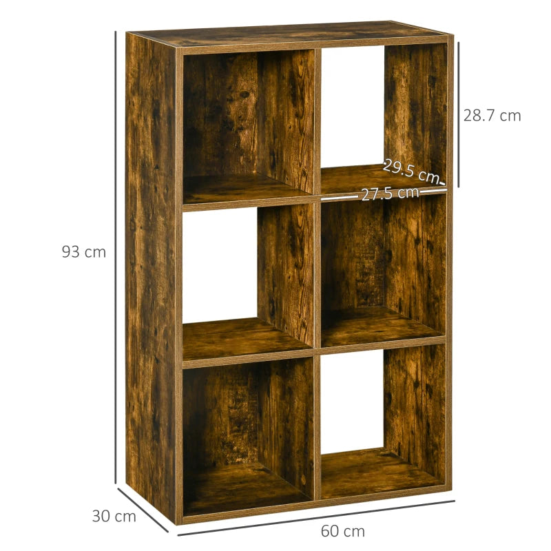 Industrial Style 6-Compartment Storage Shelf - Rustic Brown Freestanding Bookcase for Living Room & Home Study
