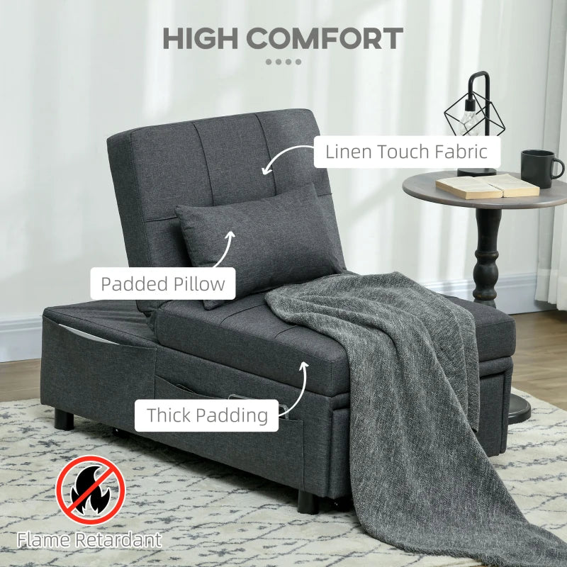 4-in-1 Convertible Chair Bed with Adjustable Backrest, Side Pocket, Wheels and Pillow for Living Room, Grey